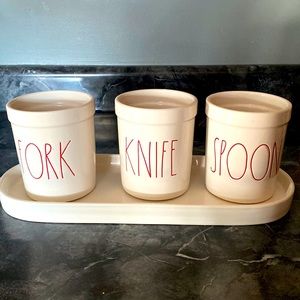 Rae Dunn Magenta Spoon Fork Knife Utensil Holder On Tray 4 Pc Set